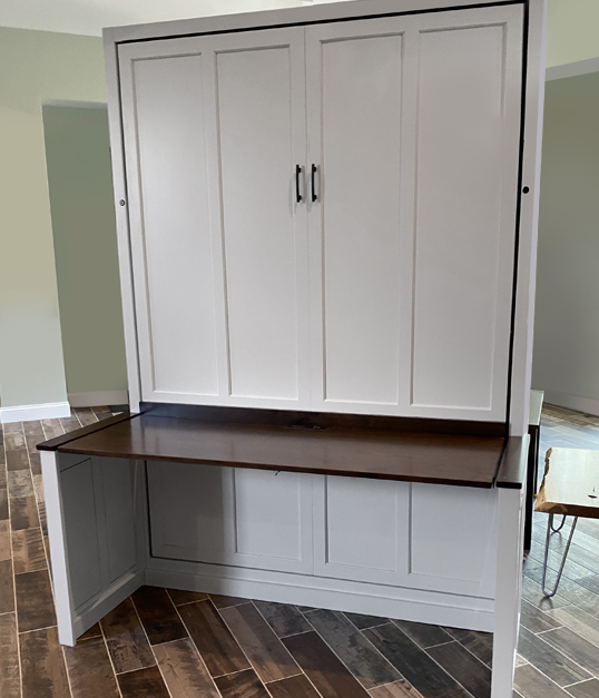 Queen Shaker Auto desk White with Kona Desktop In Stock Murphy Beds