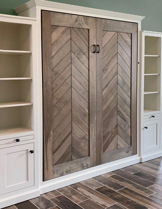 LED chevron bed 533 in stock Full Vertical 2-toned Chevron Panel and Matching 18” Side Cabinets with Bookcase over Bottom Door -
Painted Maple with LED-HardWax Oil Chevron Panel
$5667.0