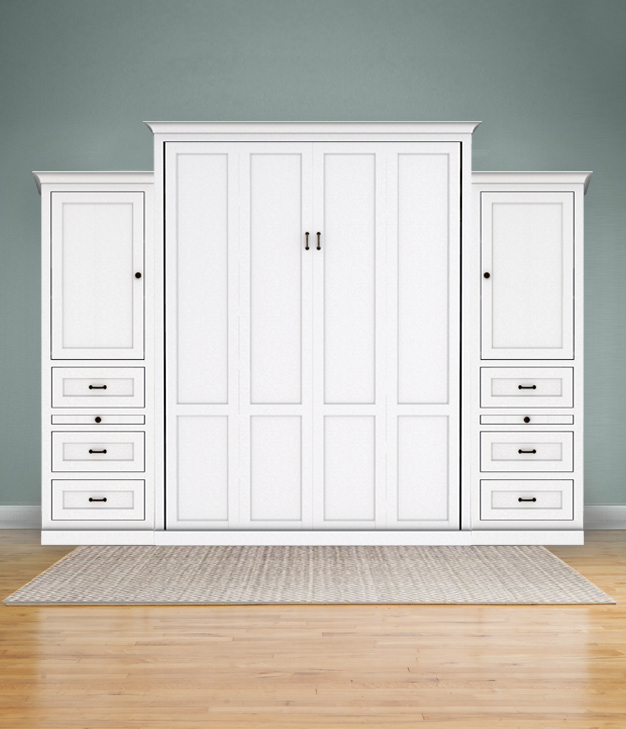 MB106S 130S2 PM IS 626 Queen Vertical Shaker Panel with 24” Side Cabinets with Bookcase Cabinet over 3 Drawers - Painted Maple
$5869.0