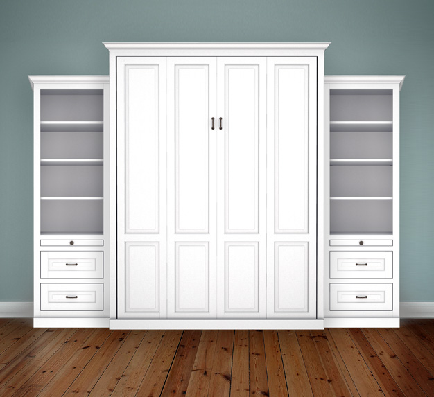 MB106T 124T2 PM IS 626x573 Queen Vertical Traditional Raised Panel with 24" Side Cabinets with Bookcase and Drawers - Painted Maple 
$5301.0