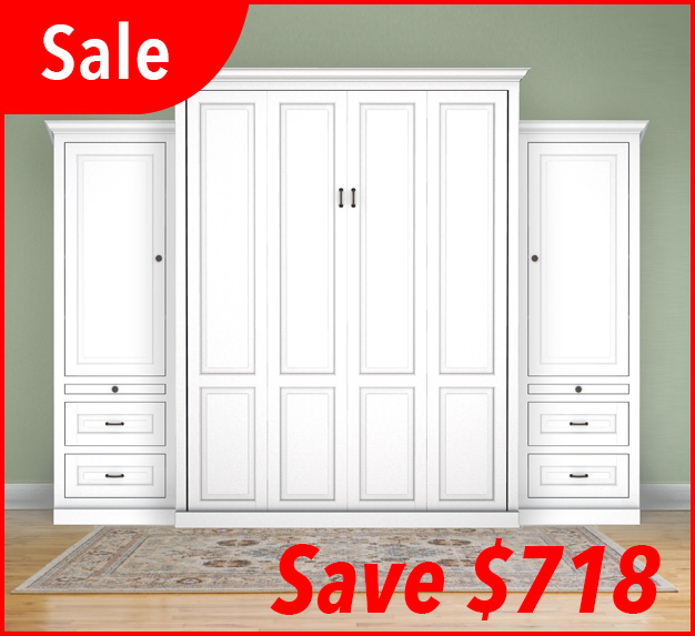 Sale Queen Traditional White Murphy Bed With 24 Inch Side Cabinets