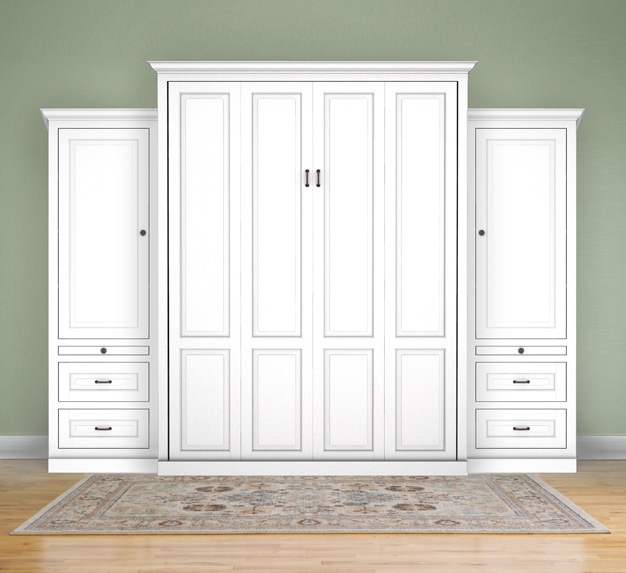 MB106T 127T2 PM IS 626x573 Queen Vertical Traditional Raised Panel with 24” Side Cabinets with Bookcase Cabinet over 2 Drawers - Painted Maple
$5583.0