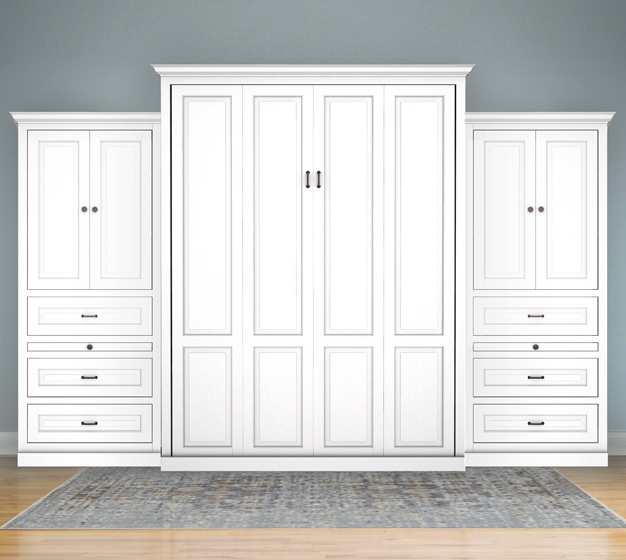 MB106T 131T2 PM IS 626x560 Queen Vertical Traditional Raised Panel with 32” Side Cabinets with Bookcase Cabinet over 3 Drawers - Painted Maple
$7234.0